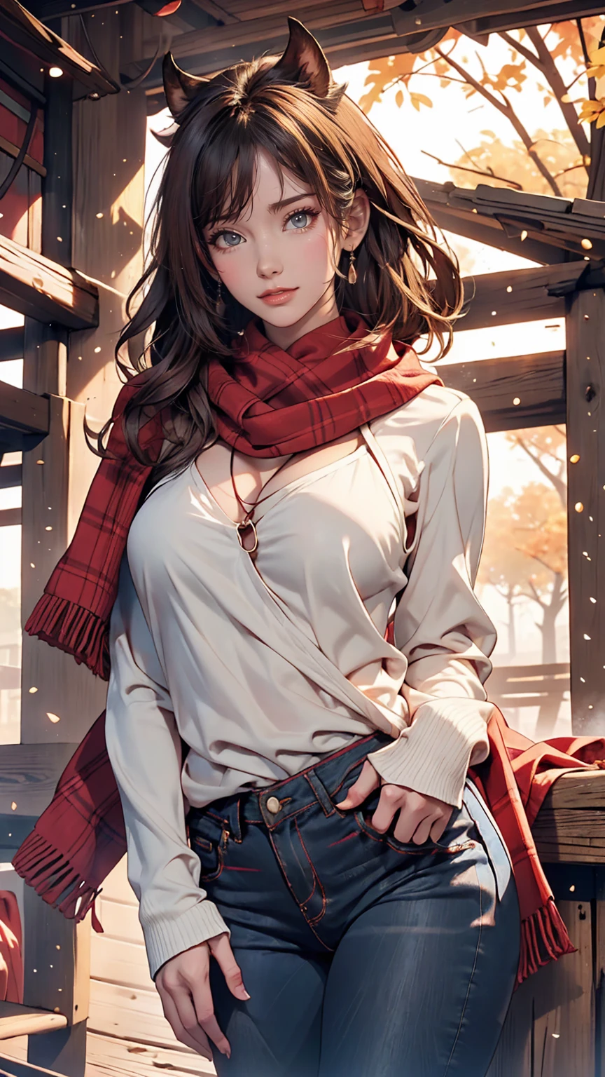 24 year old Caucasian female、Sexy proportions、Narrow waist、slender、Cowgirl、Wrap a red scarf around your neck、wear skinny jeans、Wear a checked long-sleeved shirt、On a ranch in the Midwest、Dairy Cow Background