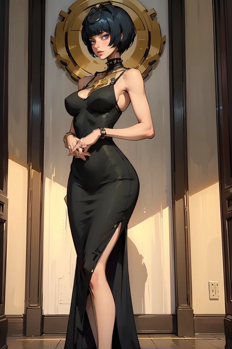 Goddess ((goddess-like woman)), slim elegant silhouette, masterpiece, (close angle), best quality, pale skin, fair skin, sweet face, (masterpiece:1,2, best quality), (real picture, intricate details), (1 lady , solo, medium tits, slim waistline, ), ((Persona5TaeTakemi)), a woman with short hair, black hair, brown eyes, she has an impressive presence., short hair, bracelet, hoop earrings, jewelry, beautiful face, beautiful eyes, she looks at the viewer, She is wearing a stunningly beautiful golden evening dress and high heels with straps. sweet irresistible smile, elegant pose, elegant hands, beautiful hands, perfect fingers, background: She is standing in a large, elegant entrance hall. Everything in the room looks very expensive.