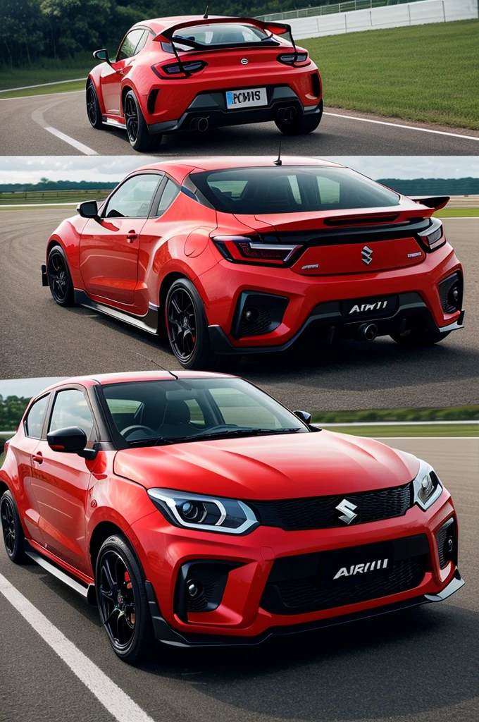 Create an image of a Maruti Suzuki Alto K10 transformed into a sleek sports car. The car should have an aggressive, aerodynamic body kit with sharp lines and curves. Equip it with low-profile tires on large, sporty alloy wheels. Add a prominent front splitter, side skirts, and a rear diffuser for a more dynamic look. The car should have a lowered suspension and a wide stance to enhance its sporty appeal. Incorporate a bold, eye-catching paint job, such as a metallic red or electric blue, with racing stripes or decals. The headlights should be modern and angular, featuring LED technology, and the rear should have a stylish spoiler. Place the car in a high-speed racing scene on a professional race track, with a blurred background to emphasize motion and speed.