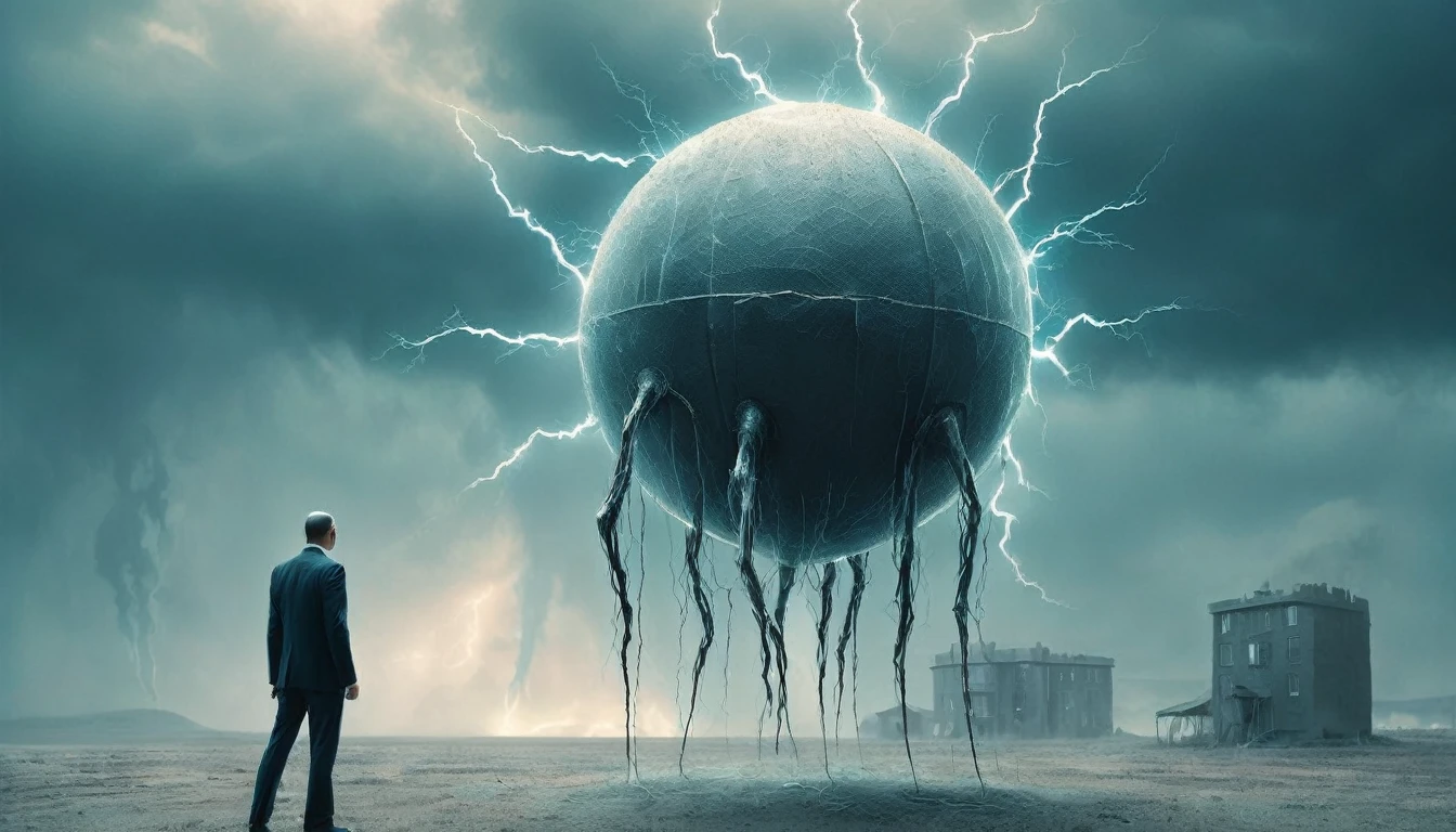 8K,charcoal style,Shaun Tan Style,wire sculpture style,horror art,long leg and hand,suits man,add_detail,big house and iron ball,ights,Thunder and Lightning,Tesla Electric Ball, Intense Lightning Effect,ice,