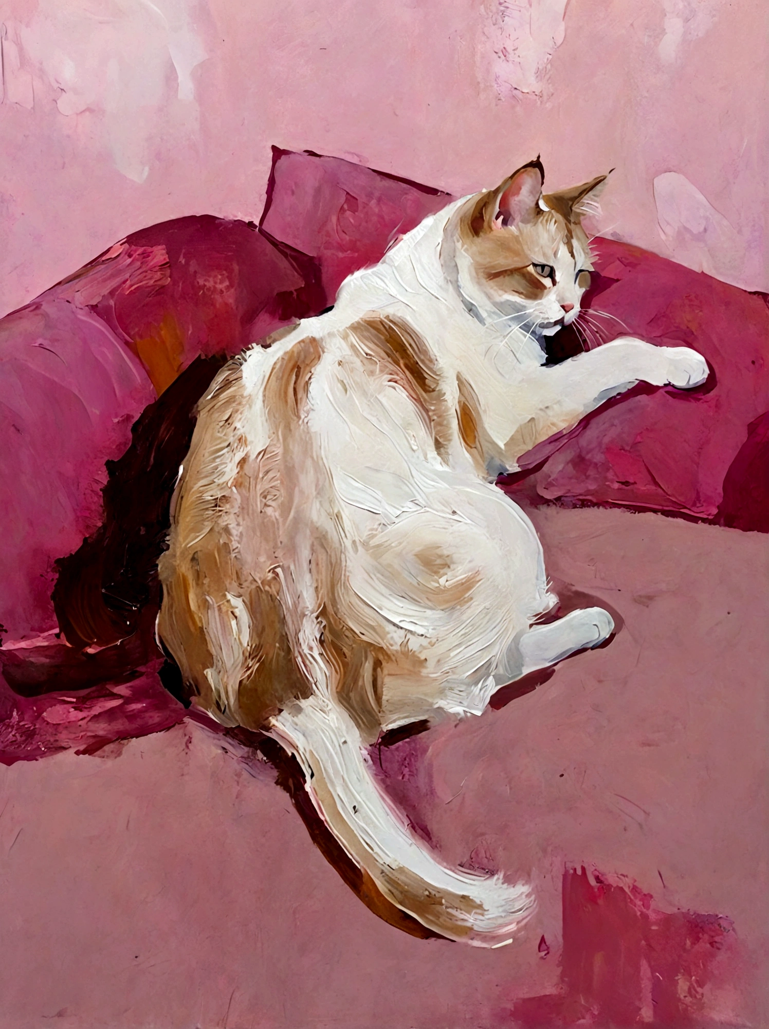 Fat Cat,whole body,Cat lying on the sofa,bright,pink,White background,vanilla,cream,whiskey,Abstract Art,emotion,emotion,Thick textured paint,