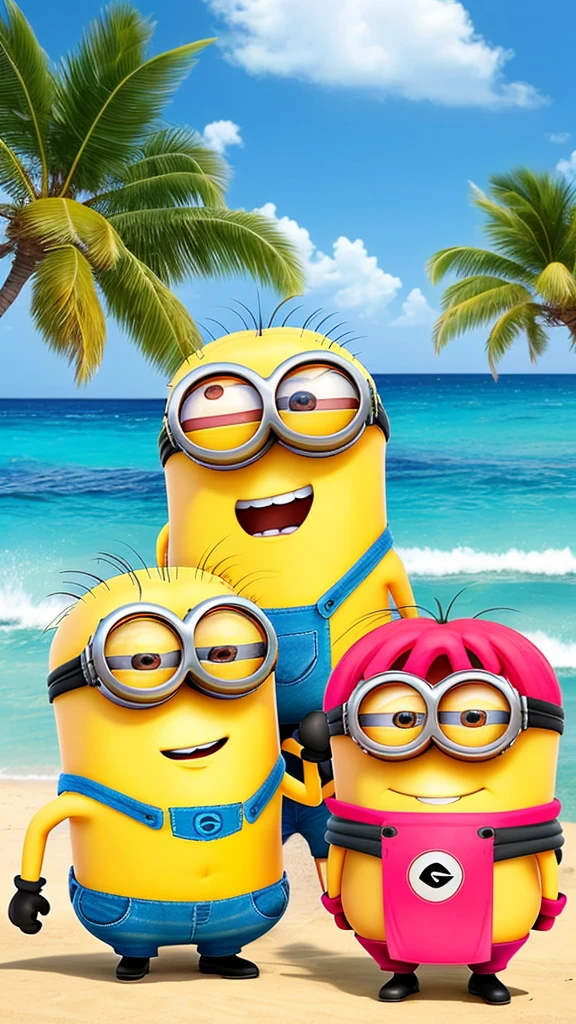 Many Minions are having fun playing around the Apple logo.。The season is summer、The location is the tropical sea.。There was a minion holding a surfboard.、There was a minion diving.、There is a Minion smashing a watermelon.。The Minions are wearing cool clothes such as aloha shirts.。Ultra HD、wallpaper