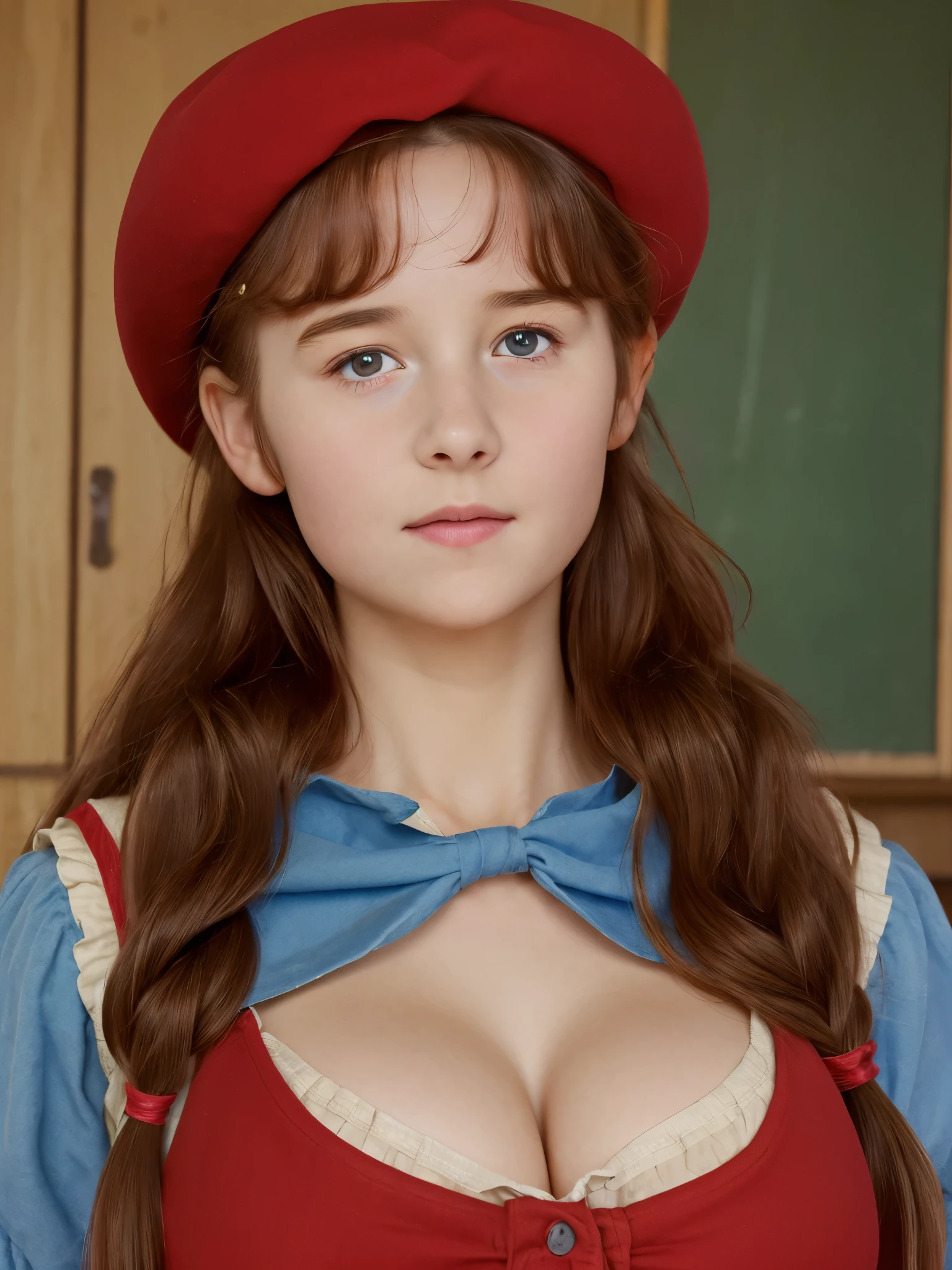 (best quality,4k,8k,highres,masterpiece:1.2),ultra-detailed,(realistic,photorealistic,photo-realistic:1.37), ((classroom, a peasant school girl, she wears dress and beret, solo, shy)), ((slim body, very large bust size for her young age)), she wears no bra, braided red hair, pale skin