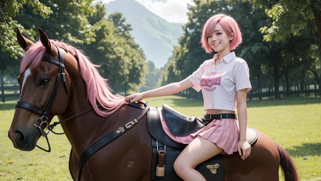 masterpiece, 最high quality, 18 year old girl,Pink Hair ,short hair,alone, ,Facing forward,smile,Smile,high quality,mini skirt,horse riding