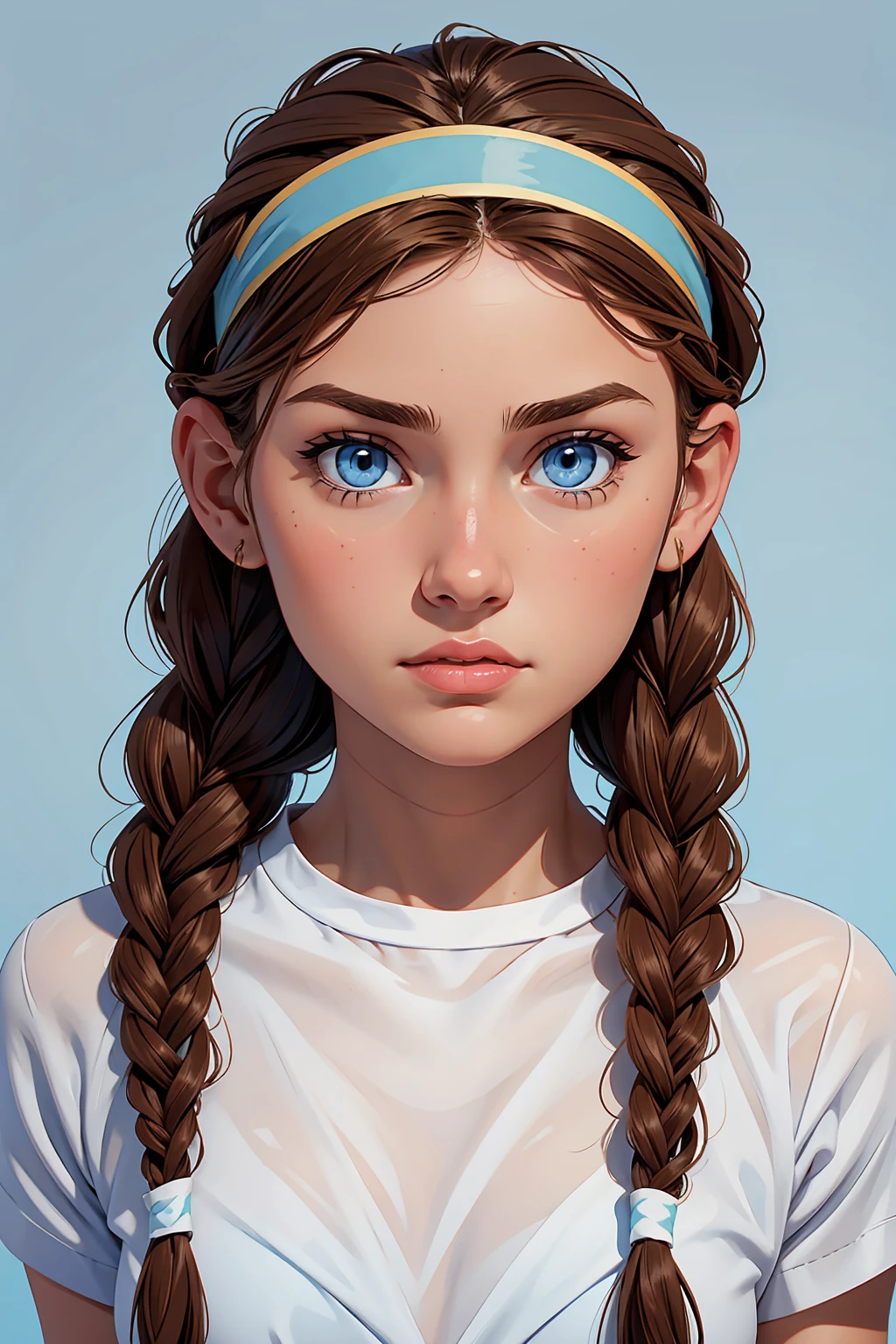 face from the front, italian girl 14 years old, light blue eyes, brown hair, headband and braids, white background