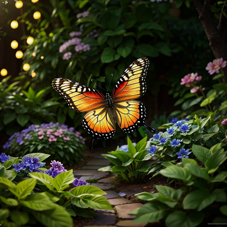 fantasy garden, detailed butterfly with realistic motion blur and lighting effects, detailed flowers, photorealistic, cinematic lighting, intricate details, highly detailed, 8k, masterpiece, science fiction landscape