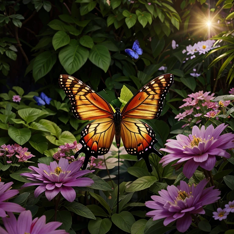 fantasy garden, detailed butterfly with realistic motion blur and lighting effects, detailed flowers, photorealistic, cinematic lighting, intricate details, highly detailed, 8k, masterpiece, science fiction landscape