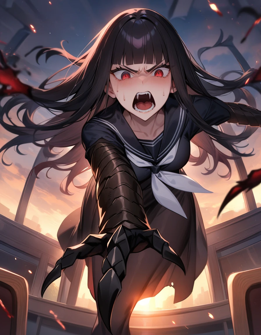 (masterpiece,best quality,very aesthetic),(ultra-detailed),nsfw,(atlach-nacha,degenerate),1girl,20yo,Statuesque,curvy,tall,long hair, black hair,straight hair,(blunt bangs),beautiful red eyes,glaring,screaming,furious,rage,Abdominal injury,vomiting blood,look down on with disdain,black serafuku in winter,long sleeves,(long skirt),white ribbon tie,torn clothes,painful,incoming attack,assaulting,high speed,classroom,dusk sky,leather shoes,The setting sun is shining in the classroom,(black Claws with arms fused like spider arm:1.3),solo,looking at viewer,POV
