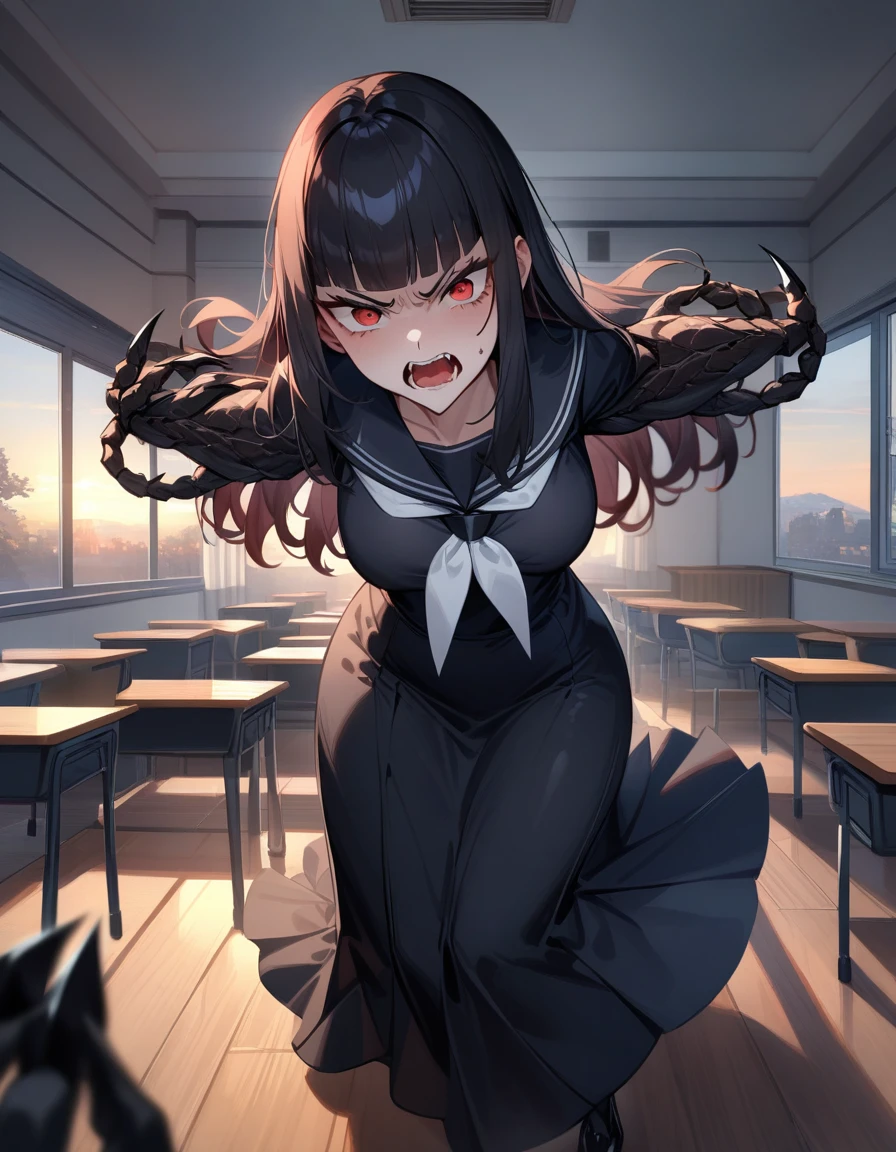 (masterpiece,best quality,very aesthetic),(ultra-detailed),nsfw,(atlach-nacha,degenerate),1girl,20yo,Statuesque,curvy,tall,long hair, black hair,straight hair,(blunt bangs),beautiful red eyes,glaring,screaming,furious,rage,Abdominal injury,vomiting blood,look down on with disdain,black serafuku in winter,long sleeves,(long skirt),white ribbon tie,torn clothes,painful,incoming attack,assaulting,high speed,classroom,dusk sky,leather shoes,The setting sun is shining in the classroom,(black Claws with arms fused like spider arm:1.3),solo,looking at viewer,POV