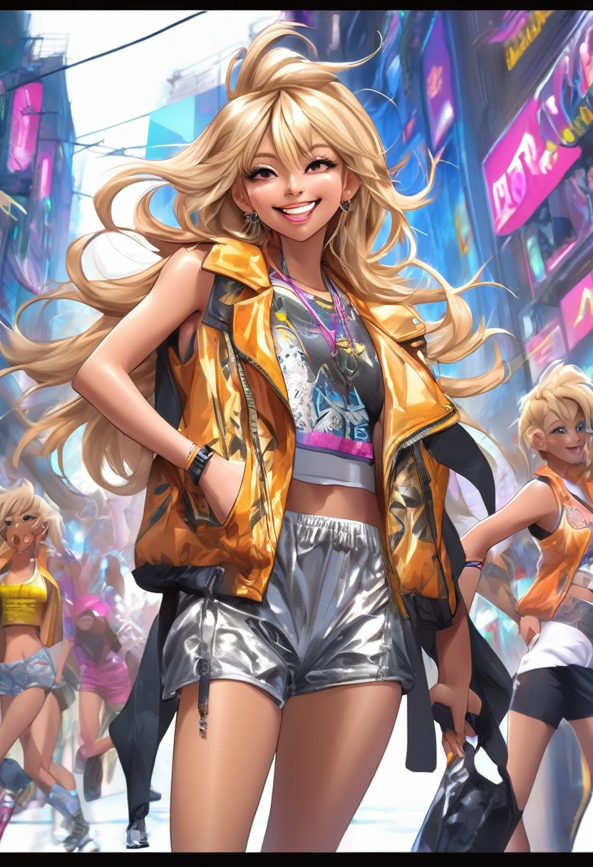 ((concept art)),(masterpiece:1.2),(best quality:1.2),(masterpiece, best quality, ultra-high resolution), (1girl), Gyaru tomboy. Short, blond hair. Big eyes, made up. Tanned skin. Animal skin clothes, sleeveless jacket, tight shorts, Energetic, confident attitude. Wide gestures, defiant smiles.