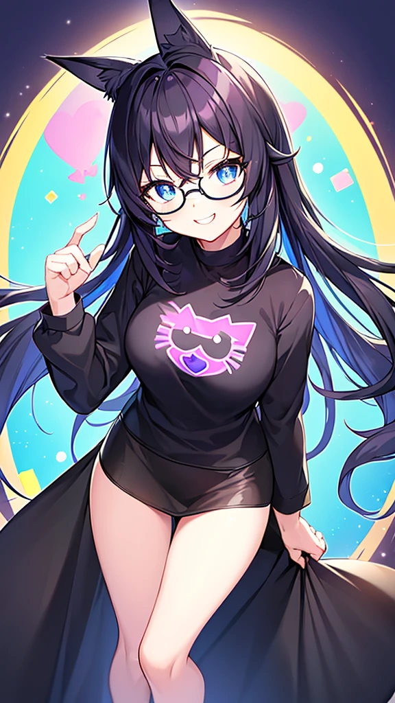 An 18-year-old cat girl with long black hair with purple ends, blue eyes, chest, and round-shaped glasses. (Black T shirt, black crop shirt, Cat pattern in the middle of the shirt), short black skirt, black panties, standing, looking down, Smiling brightly