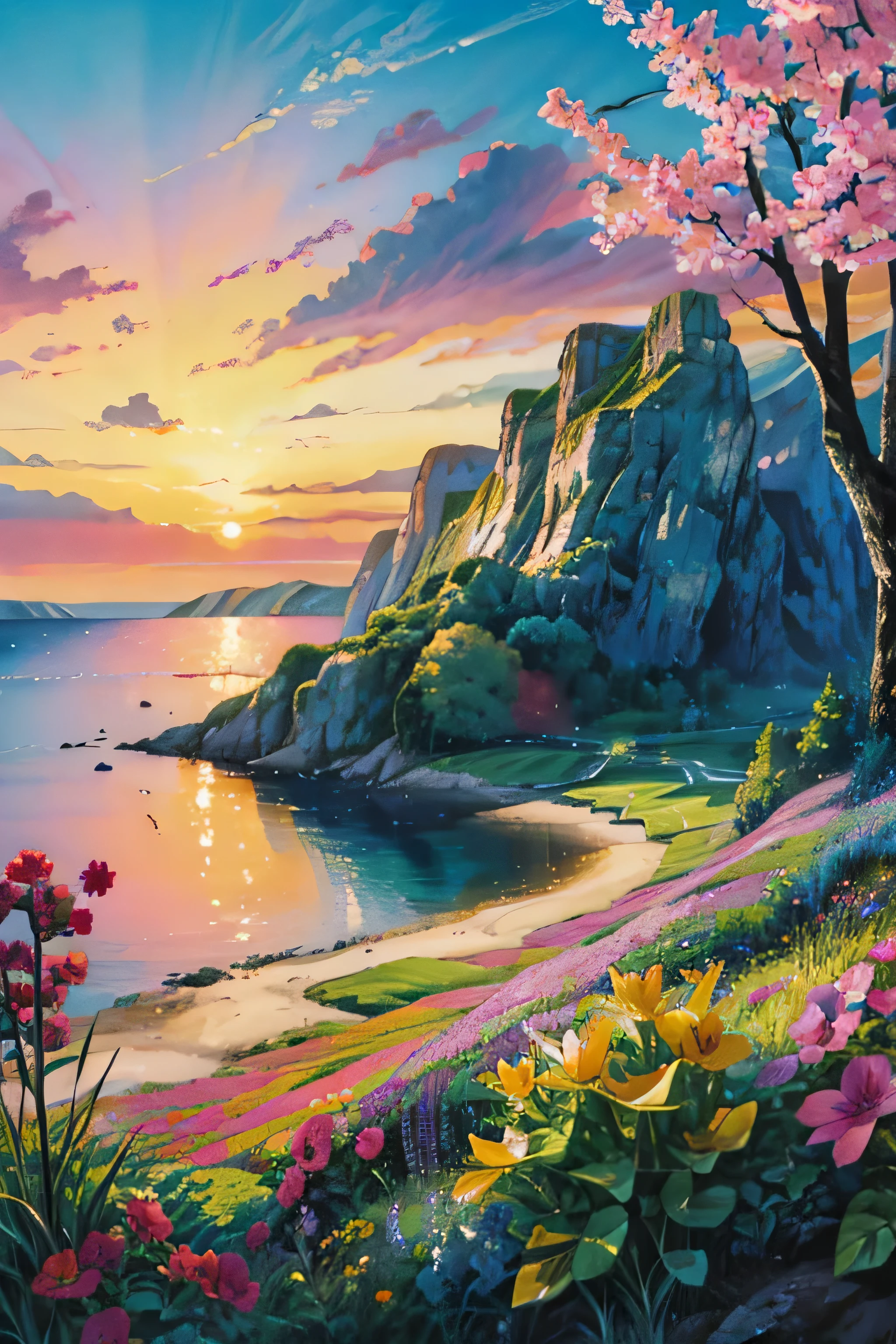 a painting of a sunset over a body of water, colorful landscape painting, floral sunset, vibrant gouache painting scenery, which shows a beach at sunset, dream scenery art, magical colorful flowers, scenic colorful environment, beautiful fantasy painting, nature wallpaper, romanticism landscape painting, beautiful art uhd 4 k, beautiful color art!, fantasy sea landscape, nature painting, fantasy landscape painting