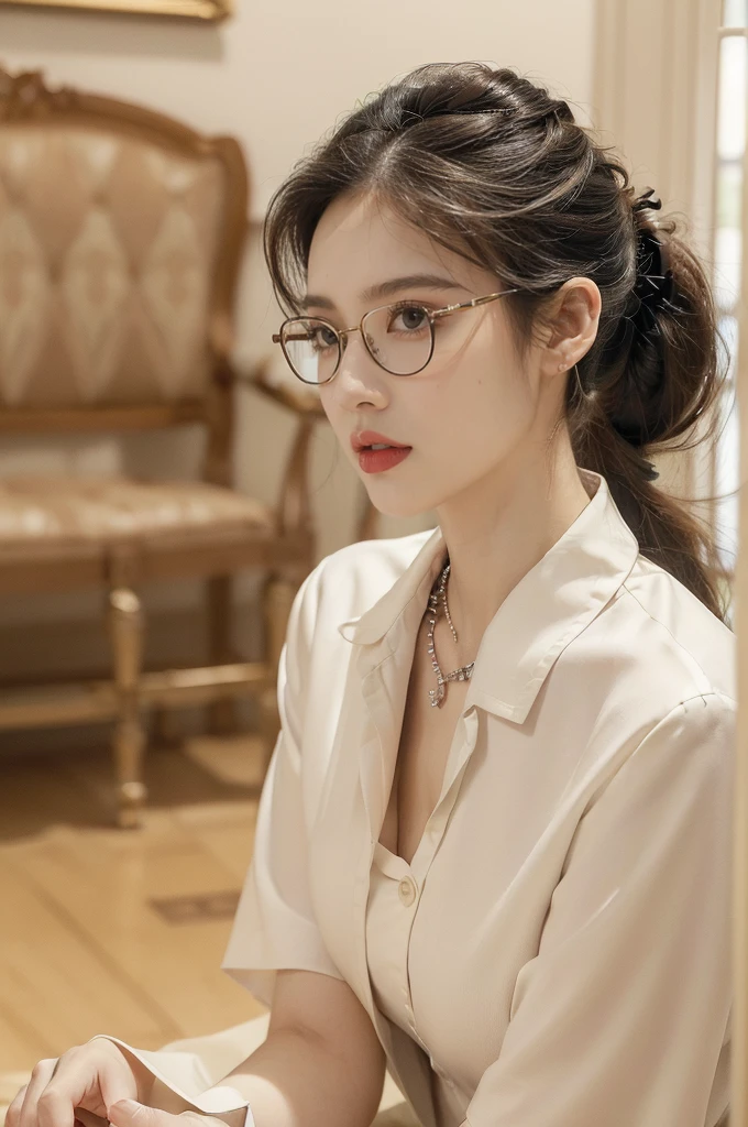 ((((8k))),((Extremely meticulous CG)) ,(wallpaper),16k,((Extremely refined and beautiful)),(((Masterpiece))),(((best qualtiy))),(((Ultra High Resolution))),beautiful light up,Perfect lightning,realistic shaded,(Smooth and flawless skin:1.5),(Extremely exquisite facial details:1.2),(perfect body:1.2),(ultra-detailed),((A beautiful girl,solo)),(small head:1.2),(pale skin:1.3),(short ponytail:1.3),(small face:1.2),(baby face:1.3),(glasses:1.2),(Exquisite makeup:1.2),(red lips:1.2),(parted lips:1.2),(small :1.3),(flat chest:1.2),(claviclies:1.3),(cleavagbra:1.3),((slim,thin)),(disgusted expression:1.5),(short sleeves:1.2),(crystal necklace:1.2),(collared white uniform shirt:1.5),(open shirt:1.3),(indoor:1.3),(summer:1.3),(detailed background:1.5),(standing:1.3),(close-up of face:1.3),(from front:1.3),(day scene:1.5),(In a luxurious Hall:1.5),(bright and vivid colors:1.3),(surrounded by crowded crowds:1.3),Exchange, stock, trading floor, bustling, vibrant, large open space, polished floor, high ceilings, monitors, real-time market data, phones ringing, traders talking, efficient operation, trading desks, brokers booths, senior staff offices, equipped computers, telephones, raised platform, pit, brokers, dealers, activity, hushed tones, personnel, roles, responsibilities, traders, suits, monitoring screens, market movements, brokers, negotiation, clients, dealers, execution, efficiently effectively, organized space, buying selling stocks