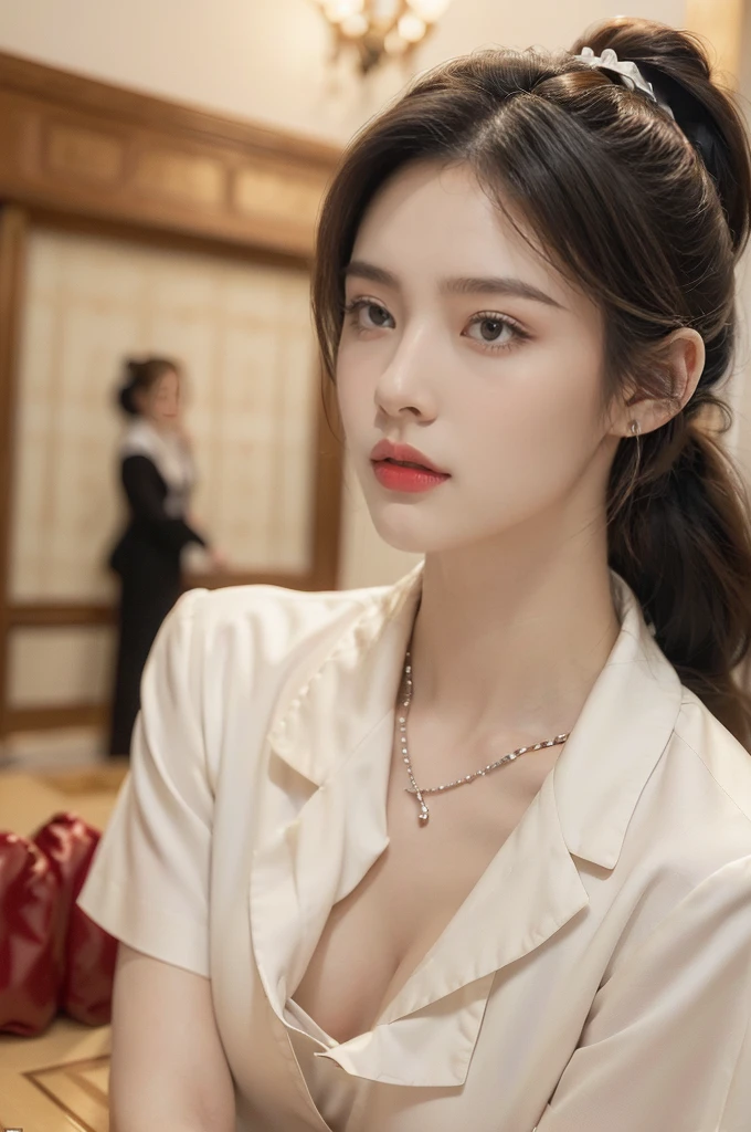 ((((8k))),((Extremely meticulous CG)) ,(wallpaper),16k,((Extremely refined and beautiful)),(((Masterpiece))),(((best qualtiy))),(((Ultra High Resolution))),beautiful light up,Perfect lightning,realistic shaded,(Smooth and flawless skin:1.5),(Extremely exquisite facial details:1.2),(perfect body:1.2),(ultra-detailed),((A beautiful girl,solo)),(small head:1.2),(pale skin:1.3),(short ponytail:1.3),(small face:1.2),(baby face:1.3),(glasses:1.2),(Exquisite makeup:1.2),(red lips:1.2),(parted lips:1.2),(small breasts:1.3),(flat chest:1.2),(claviclies:1.3),(cleavage:1.3),(bra:1.3),((slim,thin)),(disgusted expression:1.5),(short sleeves:1.2),(crystal necklace:1.2),(collared white uniform shirt:1.5),(open shirt:1.3),(indoor:1.3),(summer:1.3),(detailed background:1.5),(standing:1.3),(close-up of face:1.3),(from front:1.3),(day scene:1.5),(In a luxurious Hall:1.5),(bright and vivid colors:1.3),(surrounded by crowded crowds:1.3),Exchange, stock, trading floor, bustling, vibrant, large open space, polished floor, high ceilings, monitors, real-time market data, phones ringing, traders talking, efficient operation, trading desks, brokers booths, senior staff offices, equipped computers, telephones, raised platform, pit, brokers, dealers, activity, hushed tones, personnel, roles, responsibilities, traders, suits, monitoring screens, market movements, brokers, negotiation, clients, dealers, execution, efficiently effectively, organized space, buying selling stocks