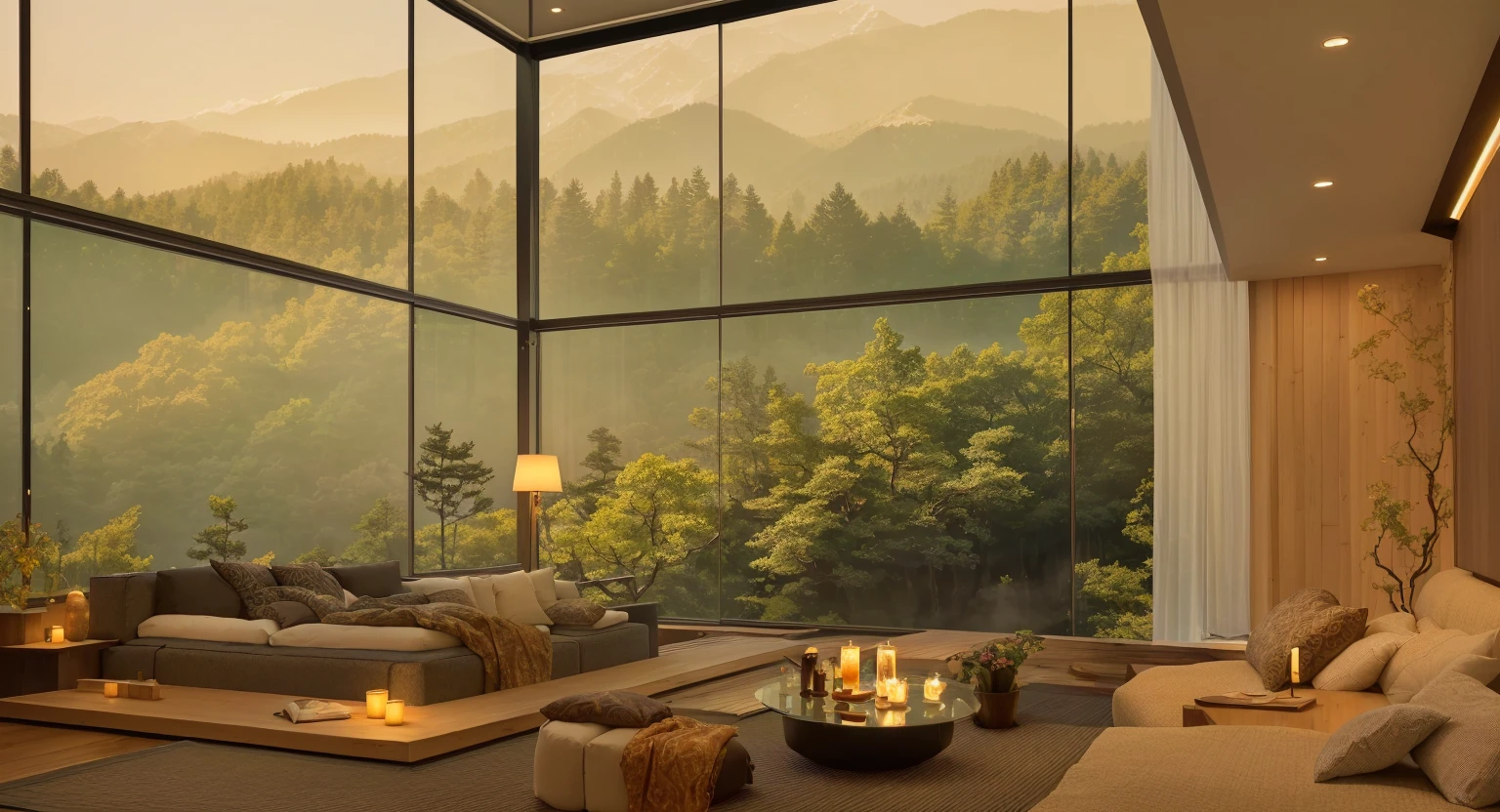 Side view of the living room,Features a sofa and coffee table, integrated in the mountains, luxurious onsens, The forest can be seen through the large windows at night, relaxing environment, Luxurious environment, Relaxed atmosphere, glass wall, High-end hot springs, Japanese glass house, natural window lighting, Large glass windows, Peaceful surroundings, Floor-to-ceiling windows, Glass House