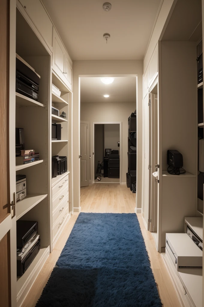 Double bedroom with PC game setup and closet in a single room 