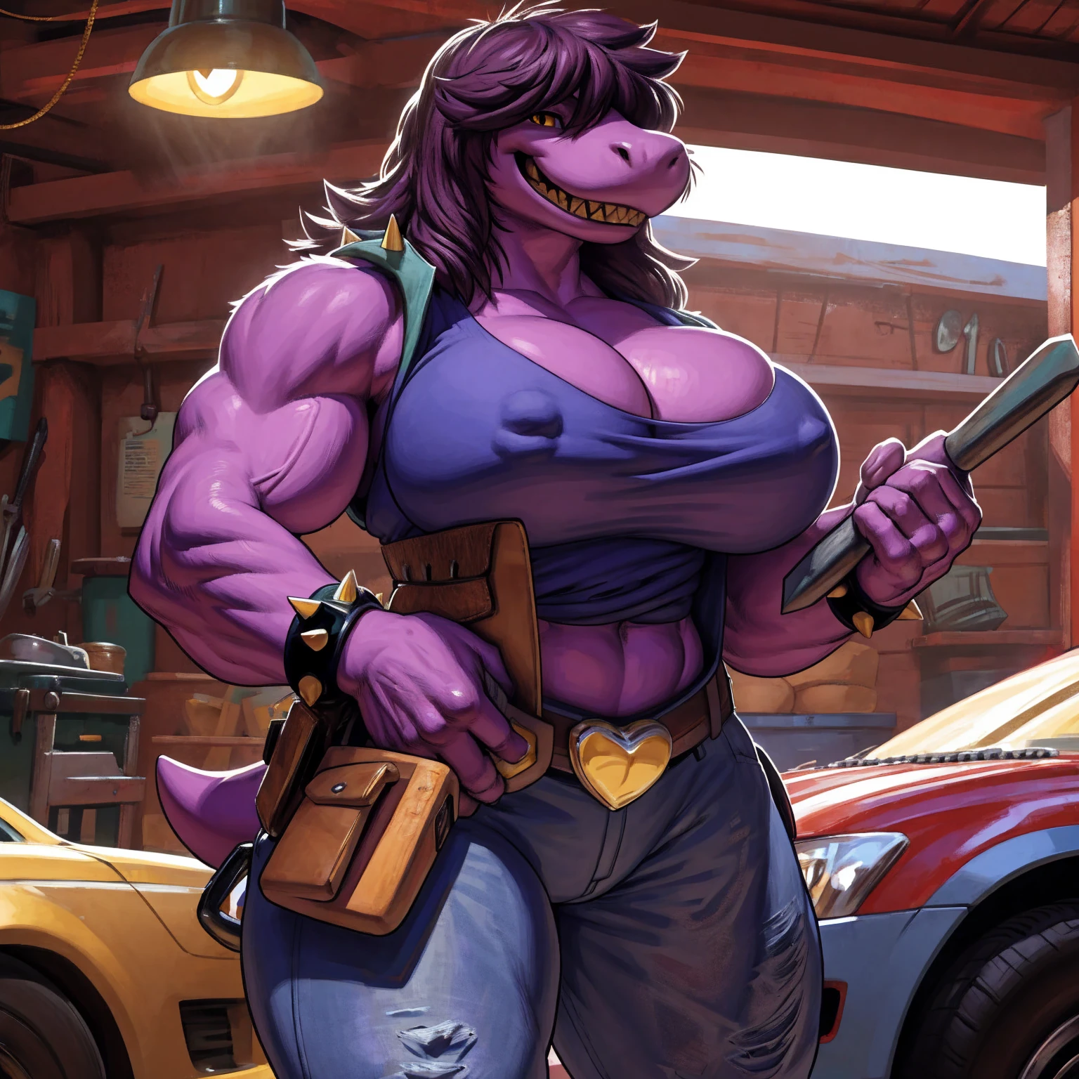 (Solo:1.2), susie deltarune, smooth skin, 1girl, (female:1.5), susie, reptilian, dark hair, messy hair, yellow eyes, muscular, chunky, stocky, thickset, (huge breasts:1.2), cleavage, broad shoulders, wide hips, huge ass, short tail, (nipple outline:0.85), thick legs, bare midriff, abs, muscular thighs, standing upright, casual posture, (laughing), hands at her sides, dirty tank top, spiked bracelets, jeans, (heart shaped gold belt buckle:1.2), looking at viewer, yellow teeth, uploaded to e621.net, masterpiece, 8k, realistic textures, realistic lighting, highly detailed, (tool belt:1.5), mechanic, indoors, garage, workshop, cars in background, by darkgem, by meesh, by BNG, 