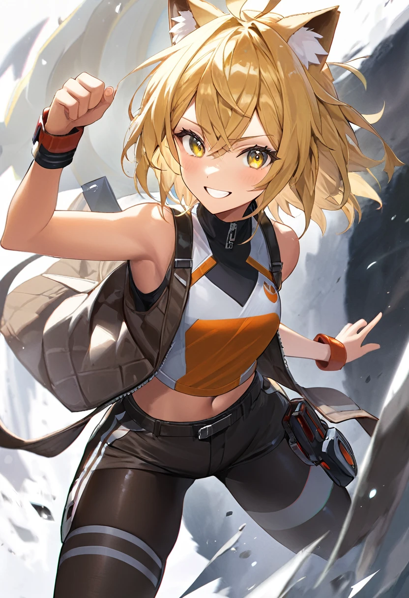 ((concept art)),(masterpiece:1.2),(best quality:1.2),(masterpiece, best quality, ultra-high resolution), (1girl), Gyaru tomboy. Short, blond hair. Big eyes, made up. Tanned skin. Animal skin clothes, sleeveless jacket, tight shorts, Energetic, confident attitude. Wide gestures, defiant smiles.