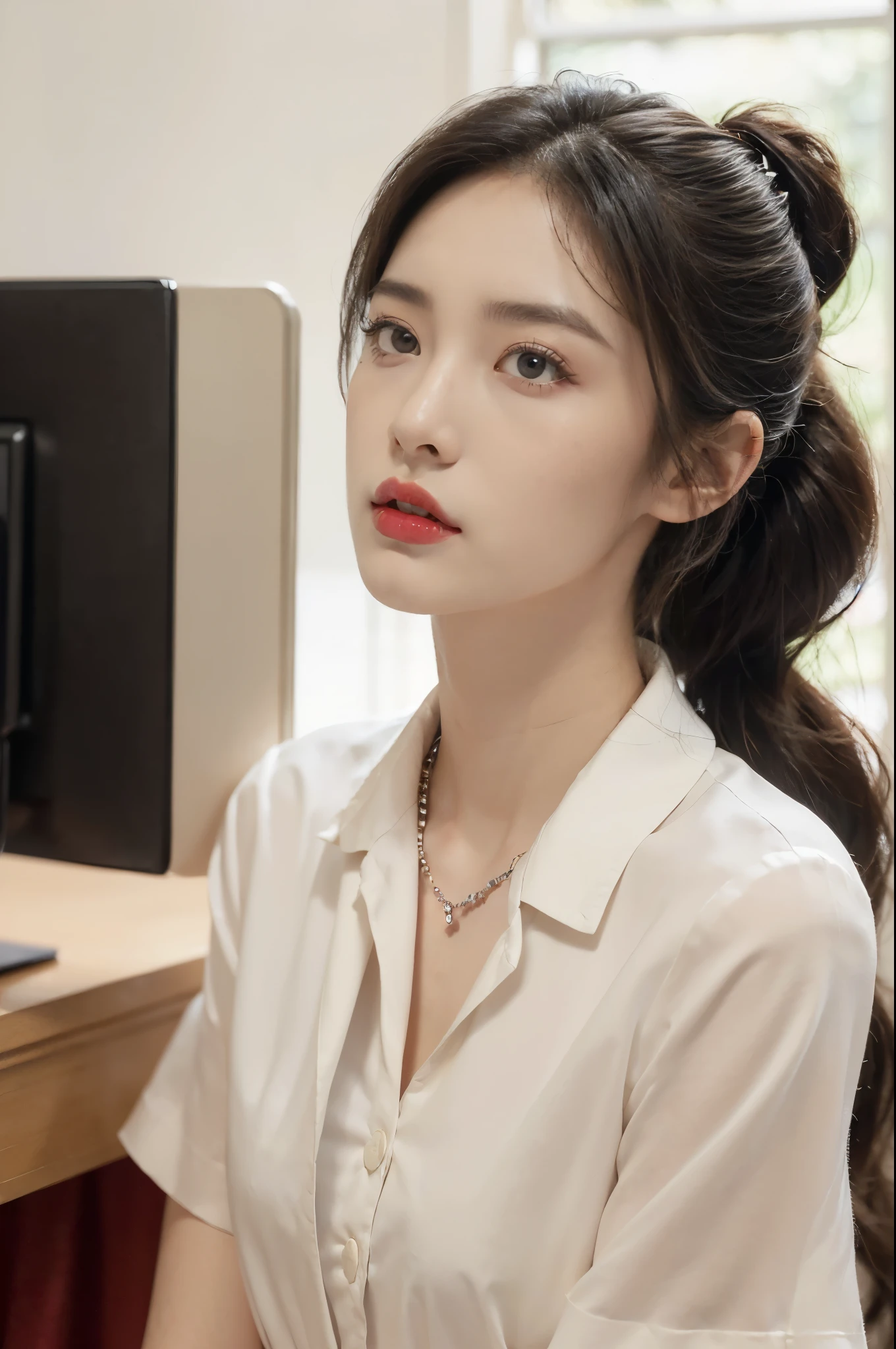 ((((8k))),((Extremely meticulous CG)) ,(wallpaper),16k,((Extremely refined and beautiful)),(((Masterpiece))),(((best qualtiy))),(((Ultra High Resolution))),beautiful light up,Perfect lightning,realistic shaded,(Smooth and flawless skin:1.5),(Extremely exquisite facial details:1.2),(perfect body:1.2),(ultra-detailed),((A beautiful girl,solo)),(small head:1.2),(pale skin:1.3),(short ponytail:1.3),(small face:1.2),(baby face:1.3),(glasses:1.2),(Exquisite makeup:1.2),(red lips:1.2),(parted lips:1.2),(small breasts:1.3),(flat chest:1.2),(claviclies:1.3),(cleavage:1.3),(bra:1.3),((slim,thin)),(disgusted expression:1.5),(short sleeves:1.2),(crystal necklace:1.2),(collared white uniform shirt:1.5),(indoor:1.3),(summer:1.3),(detailed background:1.5),(standing:1.3),(close-up of face:1.3),(from front:1.3),(day scene:1.5),(In a luxurious Hall:1.5),(bright and vivid colors:1.3),(surrounded by crowded crowds:1.3),Exchange, stock, trading floor, bustling, vibrant, large open space, polished floor, high ceilings, monitors, real-time market data, phones ringing, traders talking, efficient operation, trading desks, brokers booths, senior staff offices, equipped computers, telephones, raised platform, pit, brokers, dealers, activity, hushed tones, personnel, roles, responsibilities, traders, suits, monitoring screens, market movements, brokers, negotiation, clients, dealers, execution, efficiently effectively, organized space, buying selling stocks