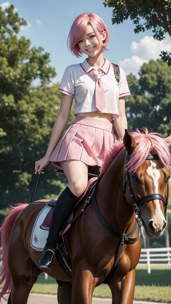 masterpiece, 最high quality, 18 year old girl,Pink Hair ,short hair,alone, ,Facing forward,smile,Smile,high quality,mini skirt,horse riding