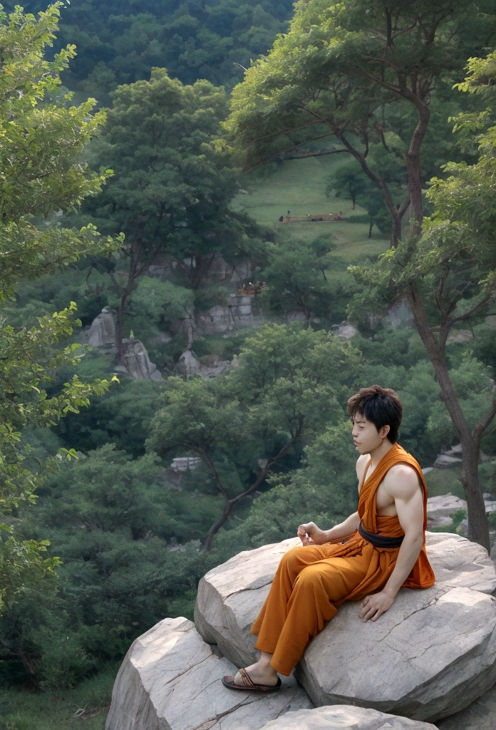 Sun wukong, sitting on the rock, using monk clothes, mountain view