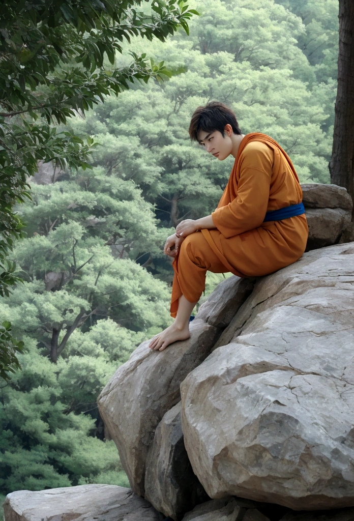 Sun wukong, sitting on the rock, using monk clothes, mountain view