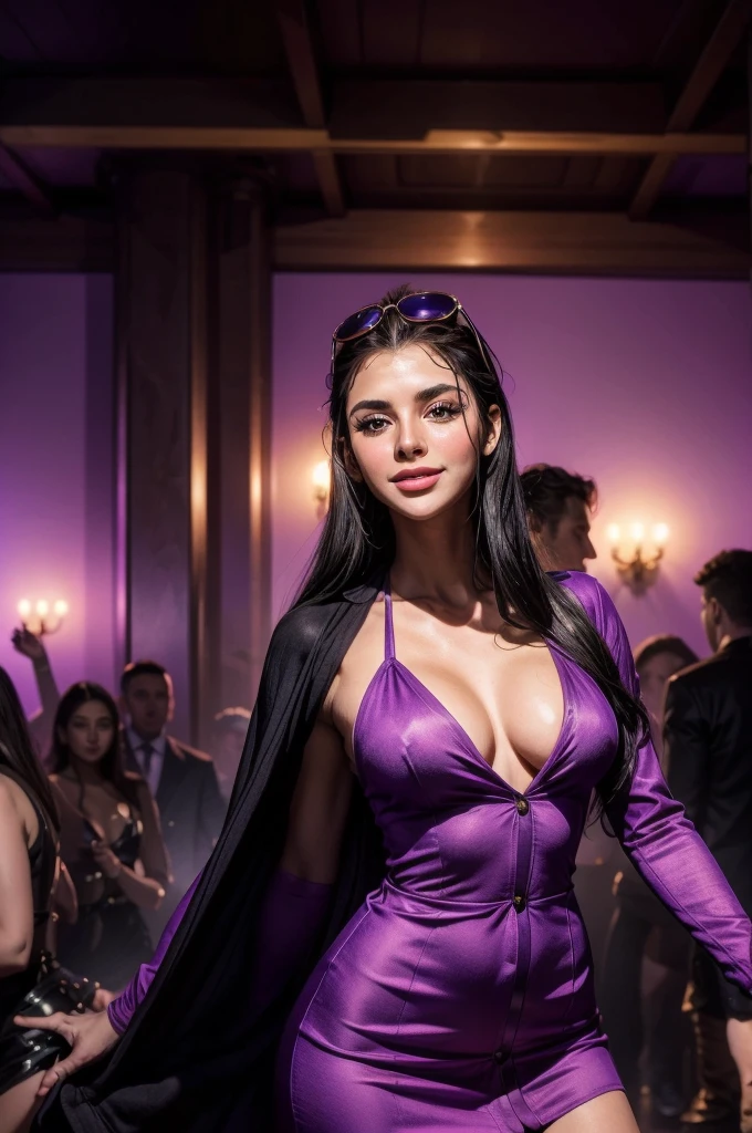 masterpiece, best quality, extremely detailed, hyperrealistic:1.1, photorealistic, a beautiful 20s russian model, ultra detailed face:1.1, sunglasses on head:1.1, black hair, at nightclub:1.2, nightclub light:1.1, party, music club, people dancing on the dance floor background, underground danceclub, purple long cardigan, light purple dress joyful smile:1.1, open mouth