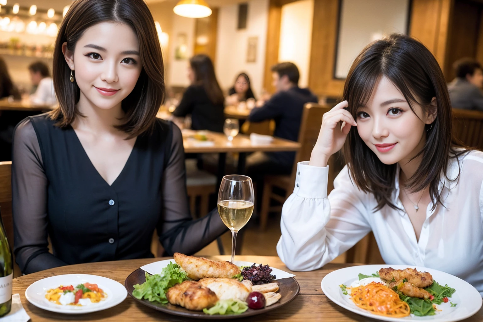 ((highest quality、8k、masterpiece:1.3))、1 male、1 female、spouse、I really like it、Beautiful couple、The body is slim、テーブルの上のwine glass、Facial lighting、full-course dinner、 Amazing view of the sunset sky and clouds、A bright smile、The wonderfulness of smile、Bright image、Beautiful Face, short hair,Bright Face、 (43 years old), 39 years old, red wine 、Appetizers、Italian food、Wine bottle、Champagne、sparkling wine、Two beauties、Brown Hair、Shortcuts、Long sleeve shirt、dress、Pretty Woman 1, (slimな顔), (The body is slim), (Brown Hair), (Shortcuts), cheeks turn a little red,Attractive beauty、restaurant, In a prominent place (From the waist up) Nova Frog Style, actress, model, Upper Body, White wine, slim, wine glass, 中央に置かれたwine glass, smile, (smile: 1.15), Beautiful fine grain, Depth f/2,saturation, High Contrast, Strong light and shadow,Moist Body:1.5、3D texture、Delicate eyes、Brown Hair、The hair is very shiny、