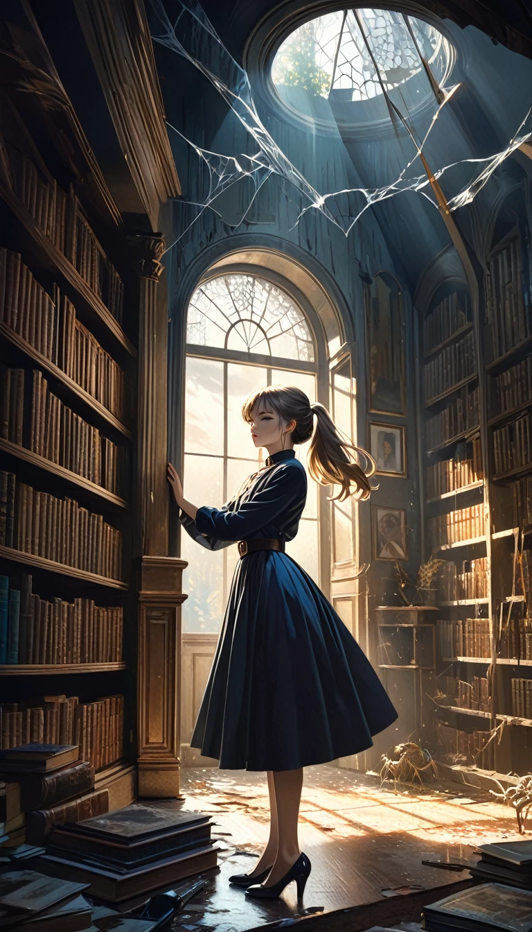 a pretty girl, explorer, exploring a large abandoned house library, old dusty room full of cobwebs, 80s aesthetic, highly detailed oil painting, dramatic lighting, cinematic composition, masterful brushwork, vibrant colors, photorealistic, chiaroscuro, dramatic shadows, moody atmosphere, richly textured, intricate details, elegant pose, adventurous expression, stunning realism, cinematic perspective, breathtaking scale, museum quality, awe-inspiring