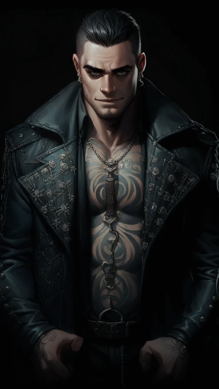 a stunning and handsome man,dynamic pose,dark hair,a hint of a smile,piercing eyes,dramatic shadows,gloomy atmosphere