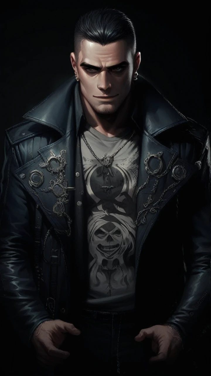 a stunning and handsome man,dynamic pose,dark hair,a hint of a smile,piercing eyes,dramatic shadows,gloomy atmosphere