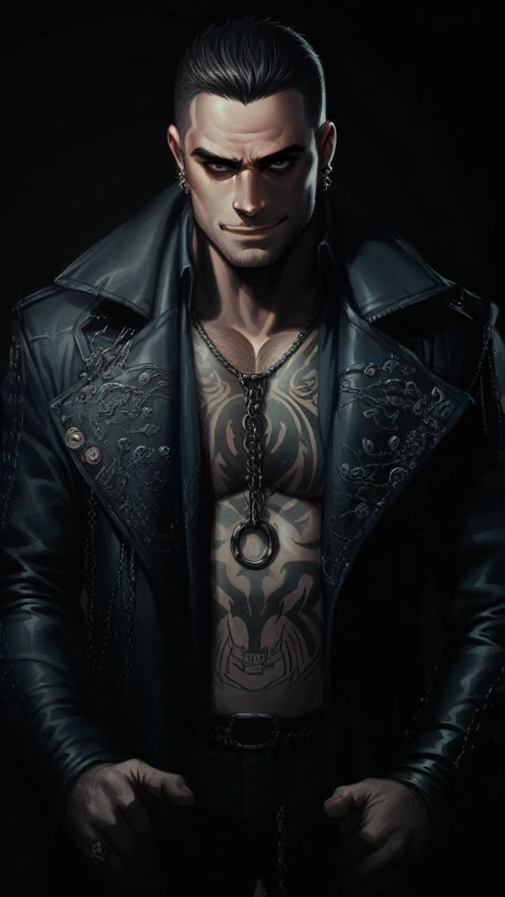 a stunning and handsome man,dynamic pose,dark hair,a hint of a smile,piercing eyes,dramatic shadows,gloomy atmosphere