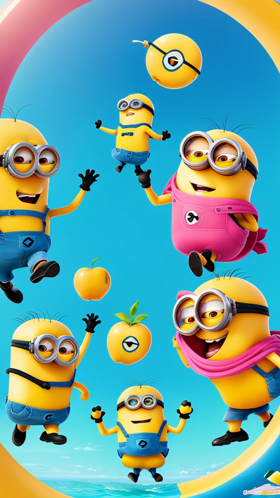 Many Minions are having fun playing around the Apple logo.。The season is summer、The location is the tropical sea.。There was a minion holding a surfboard.、There was a minion diving.、There is a Minion smashing a watermelon.。Ultra HD、wallpaper、tits