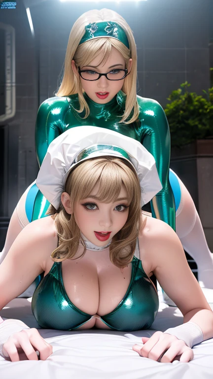 Twin sisters, Dressed for a rave, blonde, Green Eyes, In Rave, Ultra Sharp, High resolution, 8k, High resolution, Twin sisters looking at the view Chinese idol　Mature Woman　Huge 　((Shiny enough to reflect light、Shiny navy blue metallic full bodysuit and tights.))　Twin sisters　Chunli　((plump))　Ultra shiny metallic stockings　((Short blonde hair with bangs))　Twin sisters　Red cheeks　((Glasses))　((Twin sisters sitting on all fours in the night view and moonlight))　Sweaty　Sweaty　((Mature Twin sisters women with pheromones))　Twin sisters with obscene gazes　Sexy Face　(Gorgeous makeup)　((Bright red lipstick plump lips))　　((Being stared at provocatively from the front))　A bewitching mature Twin sisters woman who looks like Ichika Matsumoto　Duck Mouth　Lip-trembling blowjob_gesture(best quality). (Ultra Detalhado). (1girl), Olhando para o Viewer. (Antecedentes detalhados). belos olhos detalhados. rosto delicado e bonito. (high saturation), seios grandes, droopy breasts, (((sexy miss universe))), (((white stockings))), (((long legs))), (((gigantic breasts))),