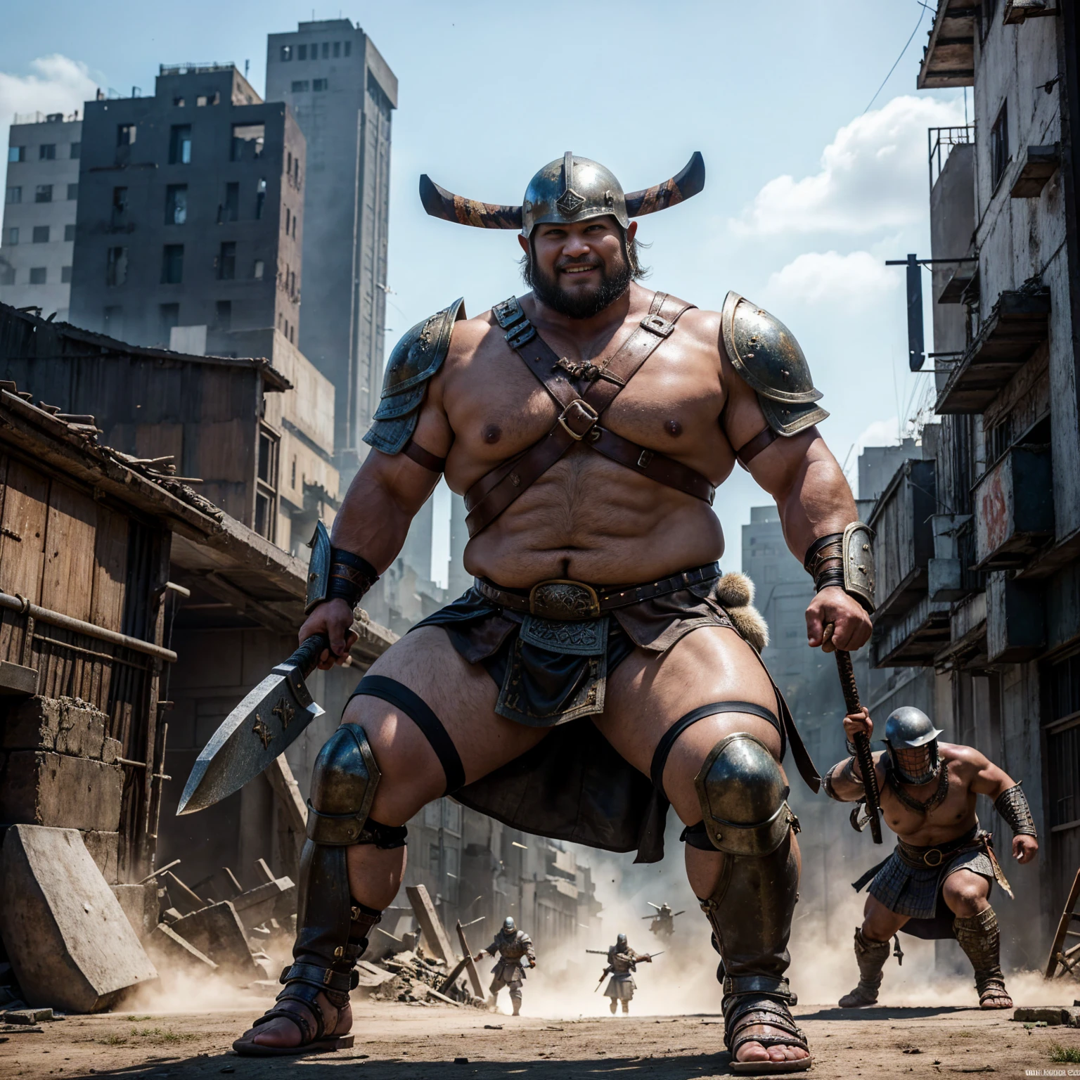 looking at us, shoot from front, face focus, Bandit, Fat ferocious barbarian:2, This barbarian is a robust stocky Japanese, smirking, mid combat, intense battle scene, leather and iron armor, armored short skirt, holding a Viking War Axes, viking helmet, legs exposed from thighs to feet, fierce warriors, ancient battlefields, epic showdown, battleground background, masterpiece, volumetric lighting, Dramatic, Uighur the Warden, breathtaking action, dynamic poses, bald, ((ultra sharp)), ((masterpiece)), ((best quality)), ((ultra detailed)), ((intricate details)), Inguinal region detailed, Dilapidated, breathtaking action, destroyed city after big air raids, A desolate, post-apocalyptic cityscape, A brutal scene, lets out a yell, casting an ominous shadow,