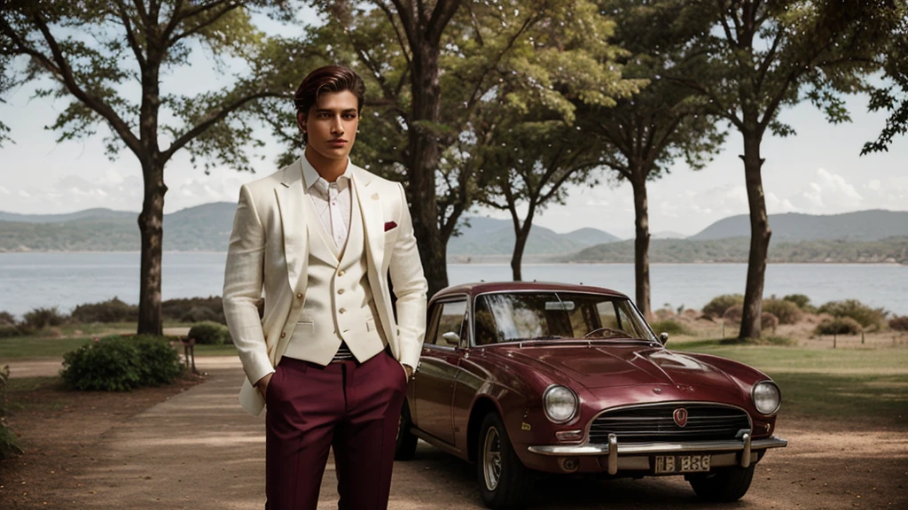 Ivory linen blazer , cotton maroon pants tuxedo 3 piece suit , side full pose of male model , holding a bazoka , cinematic bright lighting, beautiful scenic