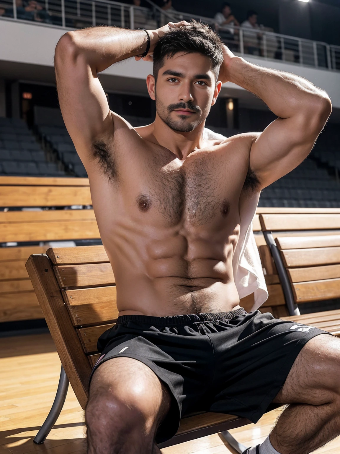 smile, short hair, black hair, brown hair, black hair, sitting, male focus, multiple , shoes, shorts, arms, wristband, sneakers, sportswear, bench, basketball, basketball uniformanother, chest hair, , navel hair, leg hair, armpit hair, hairy, (Chest hair:1.8) ! High detail 8K)! ((Realistically)), ! 186 cm! 70 kilograms! Popular clips! ( High-detail 8k ((realistically)), Exposed chest muscle and chest hair!, best quality, bright lighting, focus, theater! 35 years old, hairy breasts, thick hair Adam Dario Kier screenshot, Reddit, photo realism, gray hair!real photos!Thick moustache!(Chest hair:1.5)Real photos!