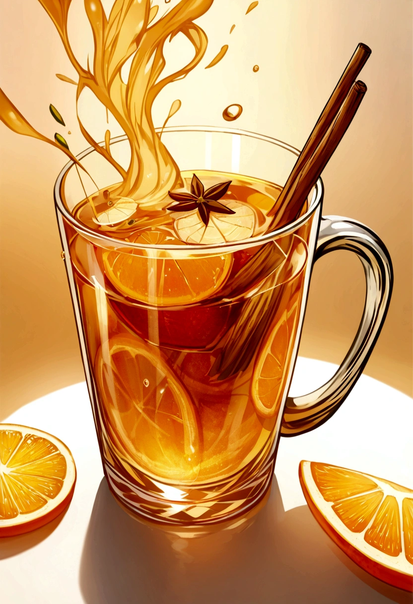 The Dwarven Tea is presented in a clear, see-through glass mug, allowing the rich, amber liquid to be fully visible. The tea itself has a deep, inviting color, reminiscent of polished amber, with flecks of spices and tiny bubbles rising to the surface, indicating its warmth.
Within the glass mug, vibrant slices of Oranges of the Sun and Lemons of Luminescence float gracefully, their bright, sunny colors contrasting beautifully with the dark tea. The citrus slices add a lively, visual appeal, showcasing their fresh, zesty character.
A slender Cinnamon Stick of Fire stands upright in each mug, partially submerged, releasing swirls of warm, spicy aroma and adding a rustic charm to the presentation. The cinnamon stick also serves as a natural stirrer, encouraging the drinker to mix the flavors further with each sip.
Surrounding the base of the mug are a few loose Star Anise and Cloves, scattered for decoration, adding to the aromatic experience. These spices enhance the visual appeal and give a hint of the complex flavors infused within the tea.
The glass mug is made from high-quality, clear crystal glass, allowing the deep amber hue of the tea to be fully visible. The glass itself is thick and sturdy, designed to withstand the heat of the beverage while providing an elegant appearance.
The body of the mug is cylindrical with smooth, slightly rounded edges that give it a refined and timeless look. The glass has a subtle, intricate pattern etched into its surface, featuring dwarven runes and symbols that softly glow with a gentle golden light, adding an element of magic and mystique. These runes are delicately crafted, winding around the mug in a seamless, continuous design that tells a silent story of ancient dwarven lore.
