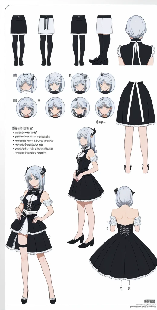 ((Masterpiece)), (highest quality))), (Character design sheet, national costume, same character, front, side, back), illustration, 1 girl, full body, silver hair, eye hair, beautiful eyes, princess cut, environmental change scene, short skirt, shyness, woman, girl, standing, goth loli, V-tuber, chartaan betarola, (simple background, white background: 1.3) ( Masterpiece:1.2), (Best Quality:1.3),(hyper realistic:1.35).