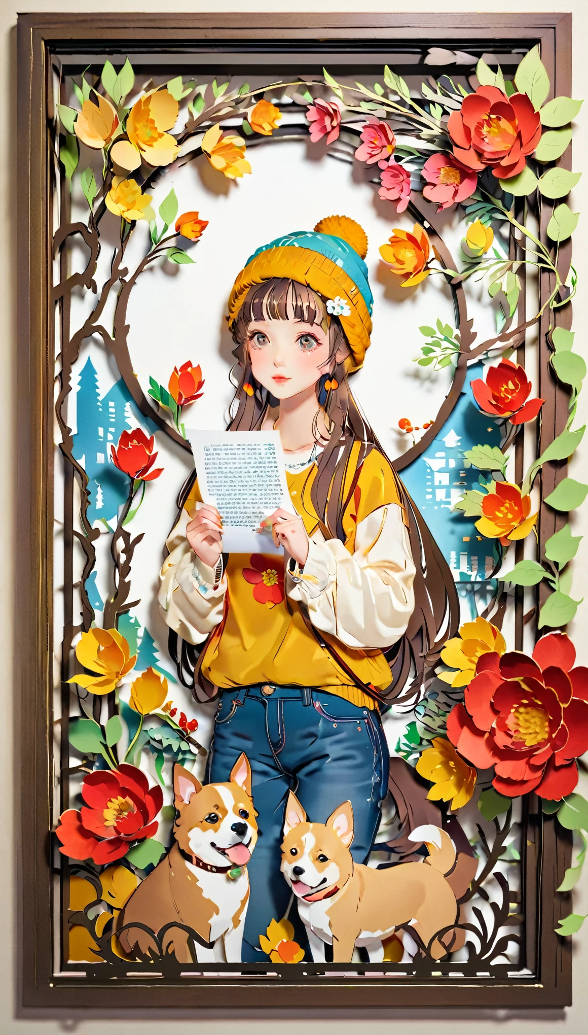 (((paper cutting style))), (frame of illustration is 3D paper cutting: 1.2), (colorful), 1 girl, brown long hair, curry long hair, knit cap, denim, shirts, 1 dog with girl
