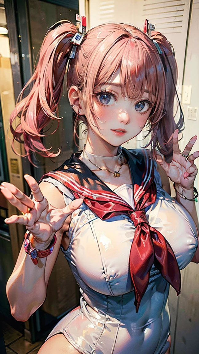(Masterpiece, BestQuality:1.3), (ultra detailed:1.2), (hyperrealistic:1.3), (RAW photo:1.2), High detail RAW color photo, professional photograph, (Photorealistic:1.4), (realistic:1.4), professional lighting, perfect anatomy, (Big Breasts:1.2), (blush, detailed face), (cheerful Smile:1.5), Trending Hair&Trending Hairカラーをランダムに, earrings, necklace, bracelet, sexy, erotic sexy, Random sexy gravure poses, (In the school hallway、A smiling, pink-haired beauty in a sailor suit waves to the camera。hair is twin tail、A pose waving with a bright smile。:1.3)