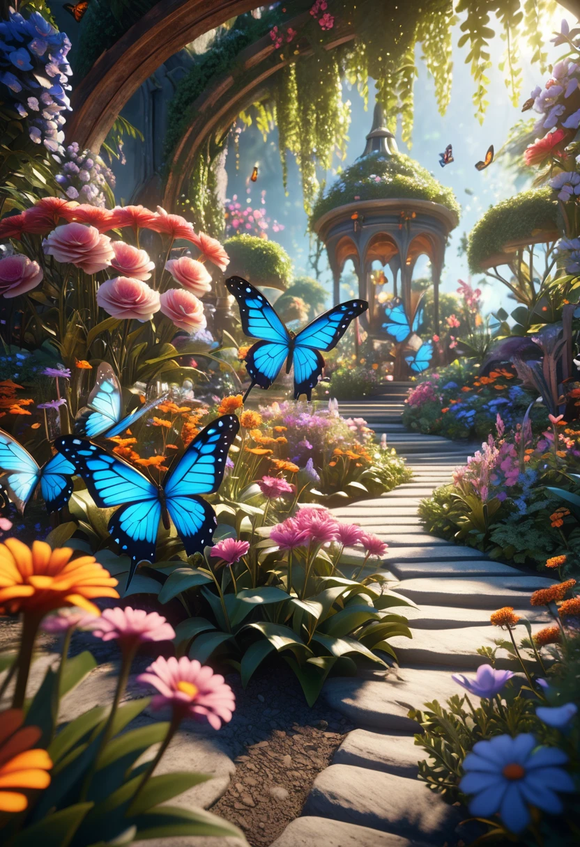 fantasy garden, detailed butterfly with realistic motion blur and lighting effects, detailed flowers, photorealistic, cinematic lighting, intricate details, highly detailed, 8k, masterpiece, science fiction landscape