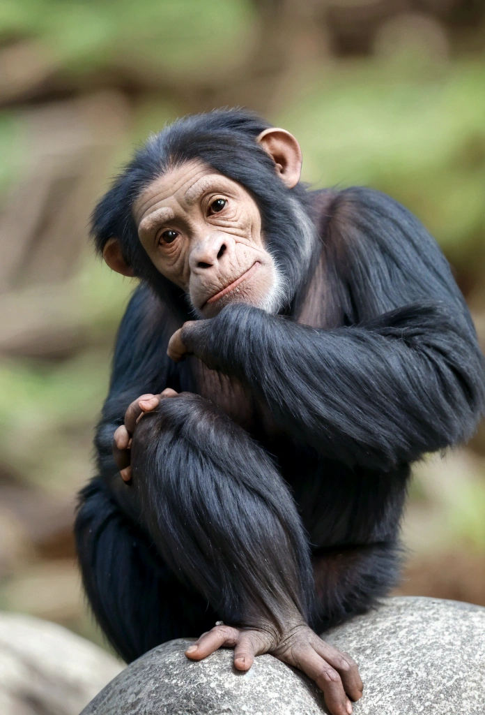 A little chimpanzee , sitting on the rock, using monk clothes, mountain view