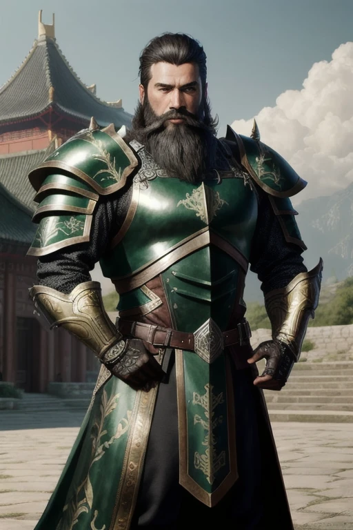 male ,whole body ,(green metal armor, metal dragon head on the shoulder, Holding a sword, (Skin of color, ),(long heavy black beard):1.2), (green metal armor with intricate pattern:1.2), gloves, Long trousers, (Very detailed, bloom:1.5), (highest quality, Concept Art, 4K), (analog:1.2), (high sharpness), (Detailed pupil:1.1), (Painting:1.1), (digital Painting:1.1), Detailed face and eyes, masterpiece, highest quality, (Very detailed写真:1.1), 8k, photoRealistic, (Dark Hair Color, Dynamic Short Hair), (Purelos Face_v1:0.2), [:(Detailed face:1.2):0.2], sharp, Realistic, Realistic Shadow, (Chinese castle background:1.2), elder, 65 years old,