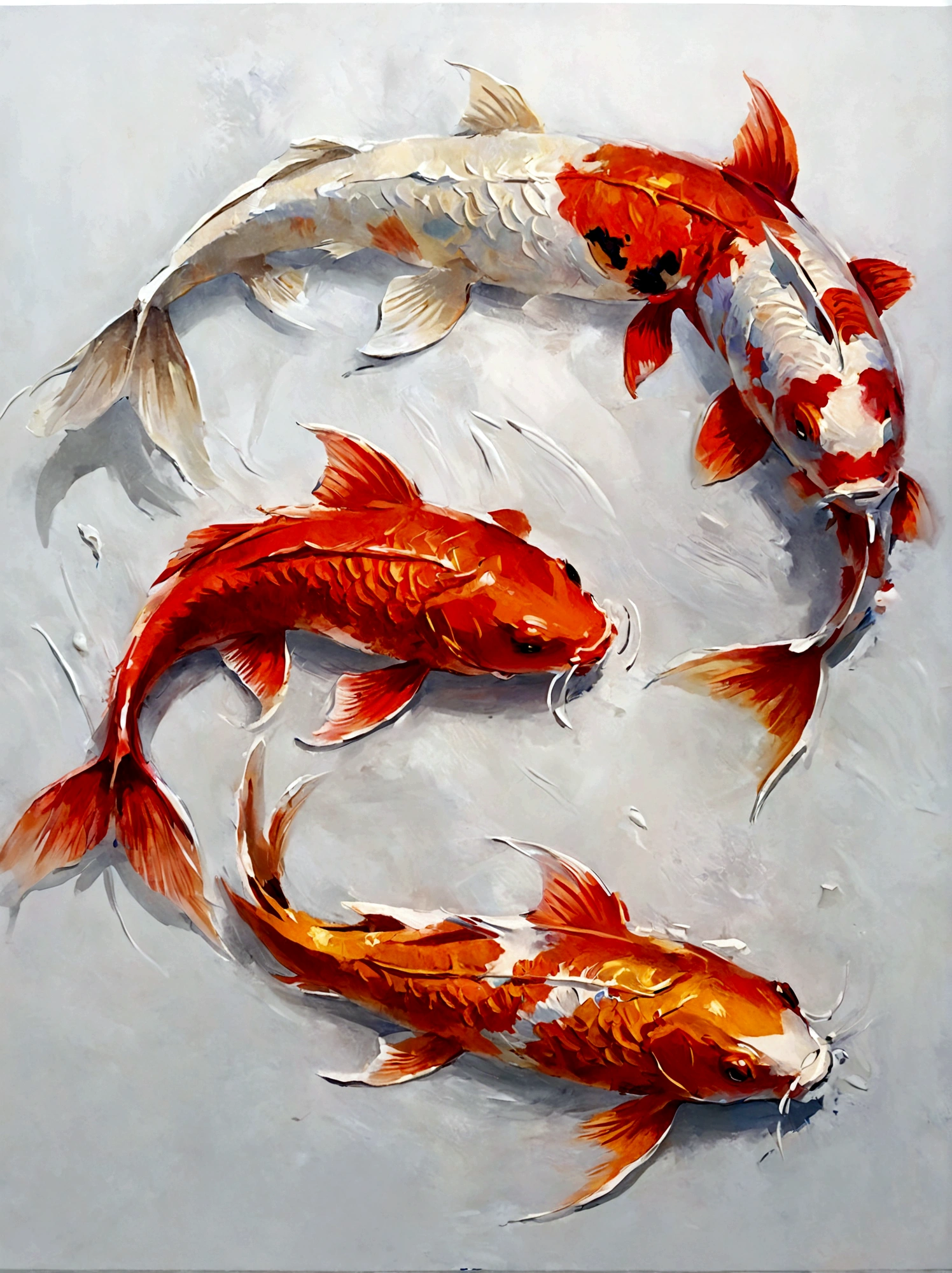 koi fishes,Color portrait,vanilla,bright,White background,real,emotion,Thick textured paint,