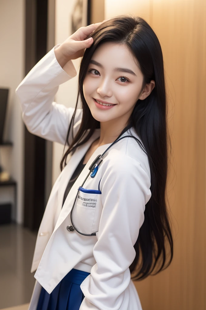 (masterpiece, best quality), 1girl, A beautiful young Korean woman, wearing (((open white lab coat))), white blouse, (dark blue skirt), (stockings), ((fingersmile)), (cowboy shot), extremely detailed face and eyes, detailed facial features, intricate details, realistic, photorealistic, photo-realistic:1.37, best quality, 8k, masterpiece:1.2, ultra-detailed, vivid colors, studio lighting, physically-based rendering, ((perfect face)),