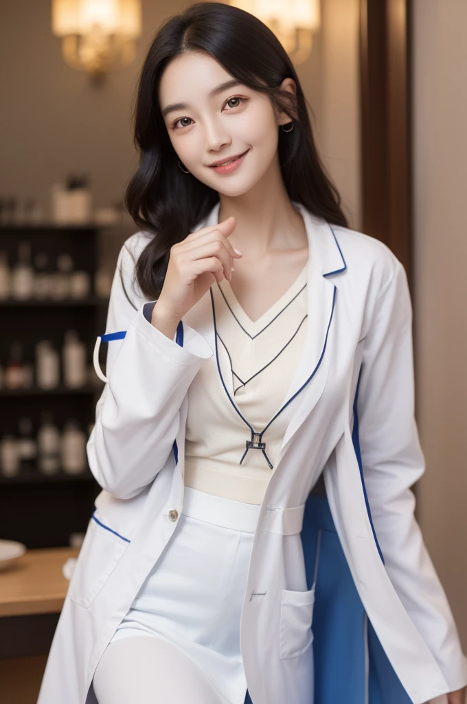 (masterpiece, best quality), 1girl, A beautiful young Korean woman, wearing (((open white lab coat))), white blouse, (dark blue skirt), (stockings), ((fingersmile)), (cowboy shot), extremely detailed face and eyes, detailed facial features, intricate details, realistic, photorealistic, photo-realistic:1.37, best quality, 8k, masterpiece:1.2, ultra-detailed, vivid colors, studio lighting, physically-based rendering, ((perfect face)), 