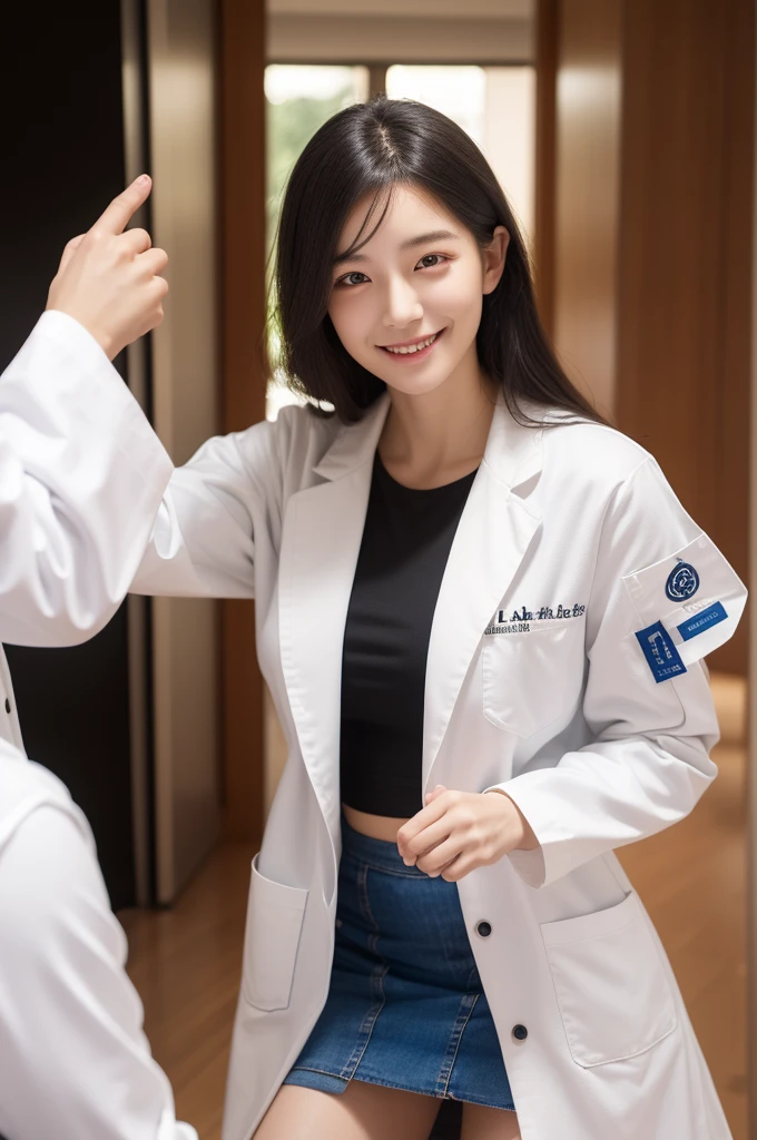 (masterpiece, best quality), 1girl, A beautiful young Korean woman, wearing (((open white lab coat))), white blouse, (dark blue skirt), (stockings), ((fingersmile)), (cowboy shot), extremely detailed face and eyes, detailed facial features, intricate details, realistic, photorealistic, photo-realistic:1.37, best quality, 8k, masterpiece:1.2, ultra-detailed, vivid colors, studio lighting, physically-based rendering, ((perfect face)),