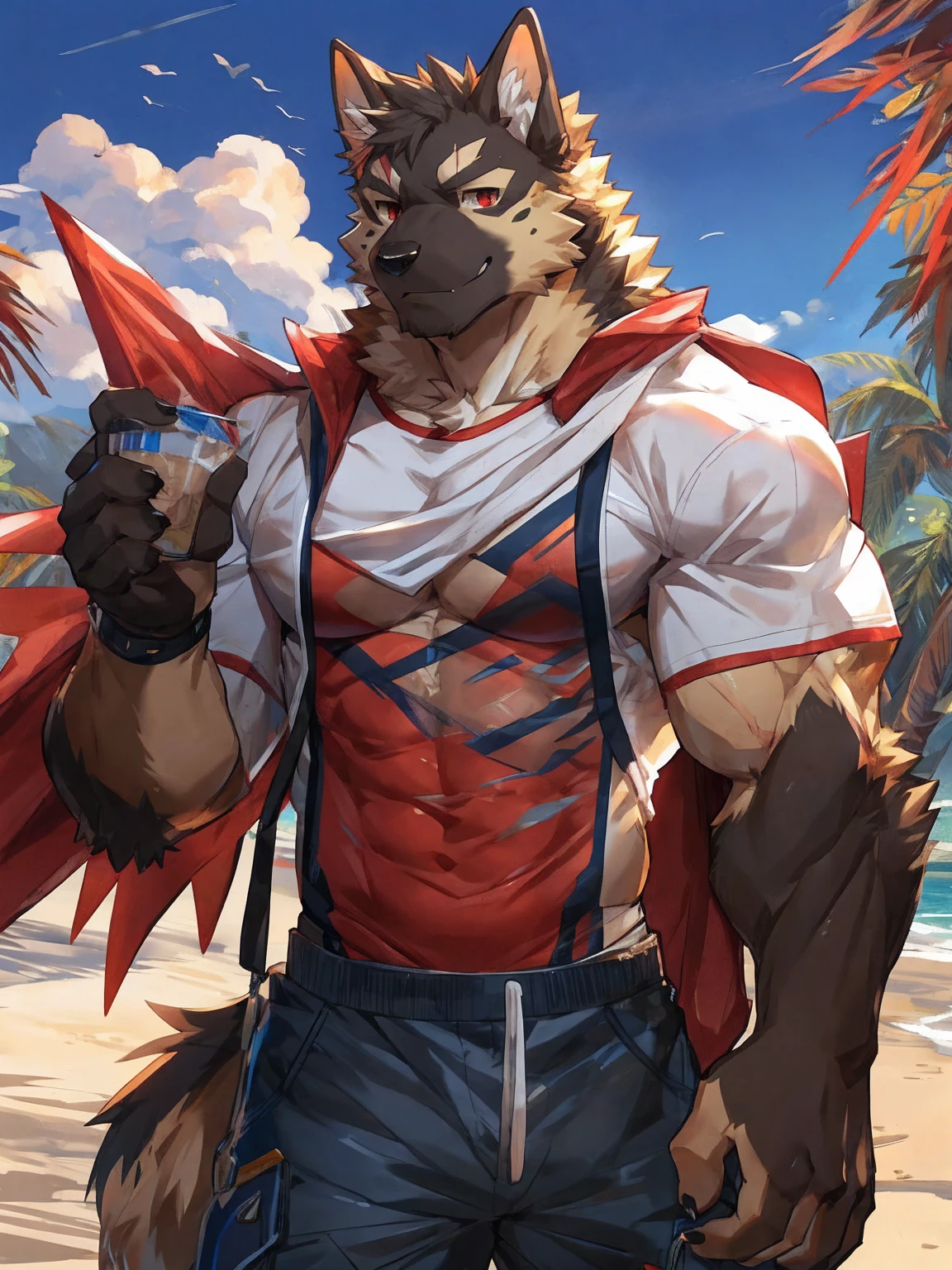 embedding:German shepherd, male,Very pale red eyes,Scar on the face, Single Person,A swimsuit,A transparent material shirt,Beach Pants，Mature, The highest quality of scene detail,adult,Tall and powerful,muscle，Best quality hands, best quality eye，detailed fur，Delicate eyes.Extreme picture quality，by sollyz,by zixiong,by milkytiger1145