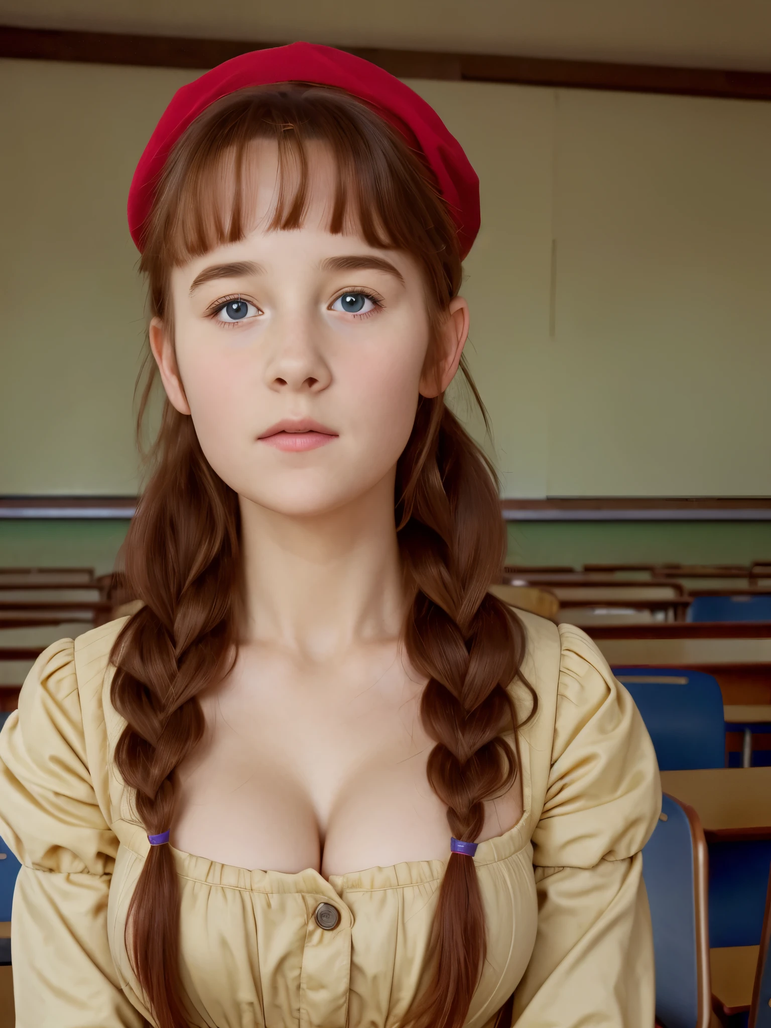 (best quality,4k,8k,highres,masterpiece:1.2),ultra-detailed,(realistic,photorealistic,photo-realistic:1.37), ((classroom, a peasant school girl, she wears dress, solo, shy)), ((very large bust size for her young age)), she wears beret, she wears no bra, braided red hair, pale skin